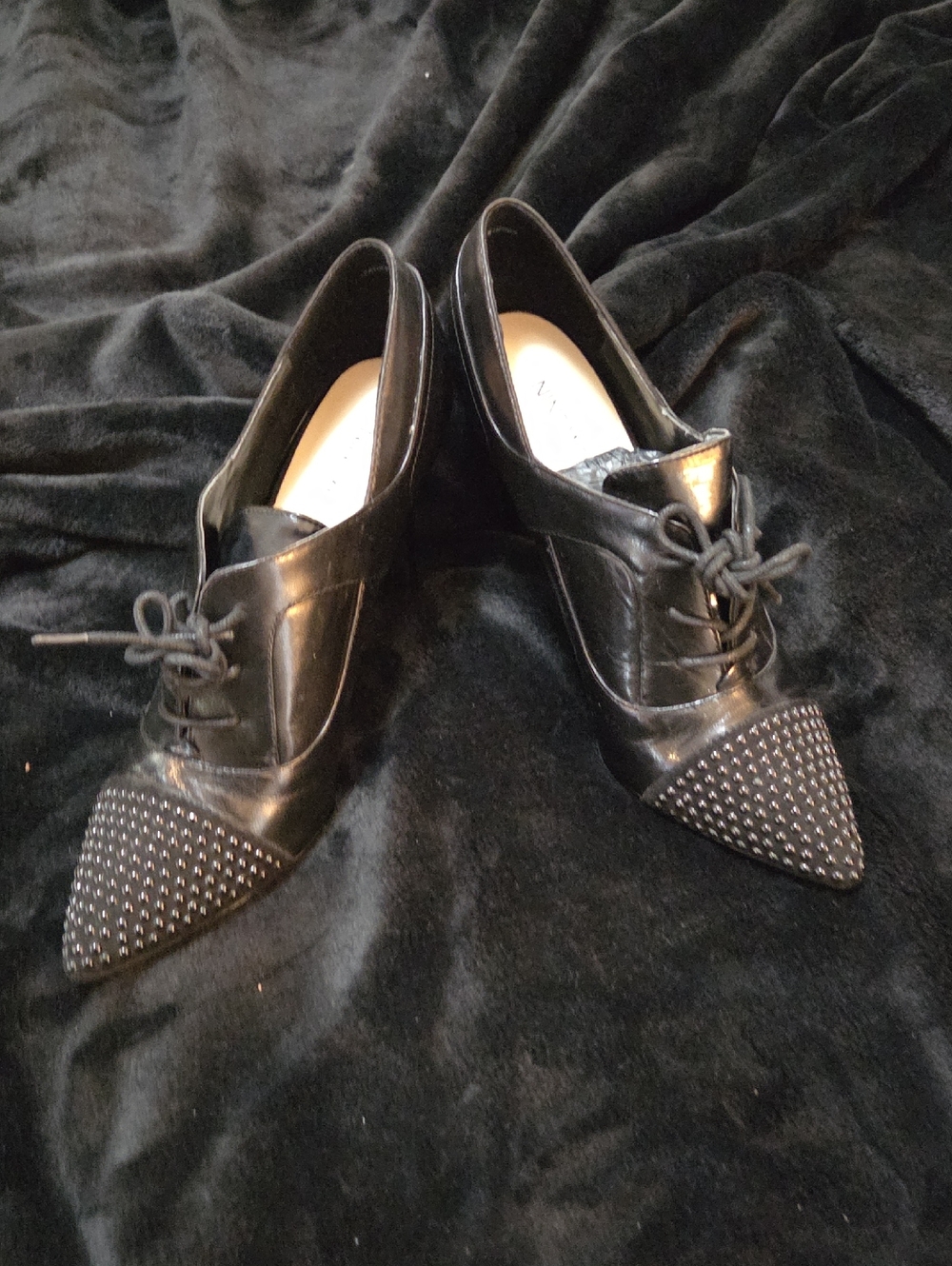 Nine West Black Pointed Lace-Up Heels with Studded Toe